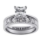 Engagement Rings Wedding Sets Sterling Silver Square White 2 Piece Engraved Wedding Set