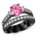 Pink And Black Wedding Ring Sets Genuine Pink Sapphire Jewelry September Birthstone Pink And Black